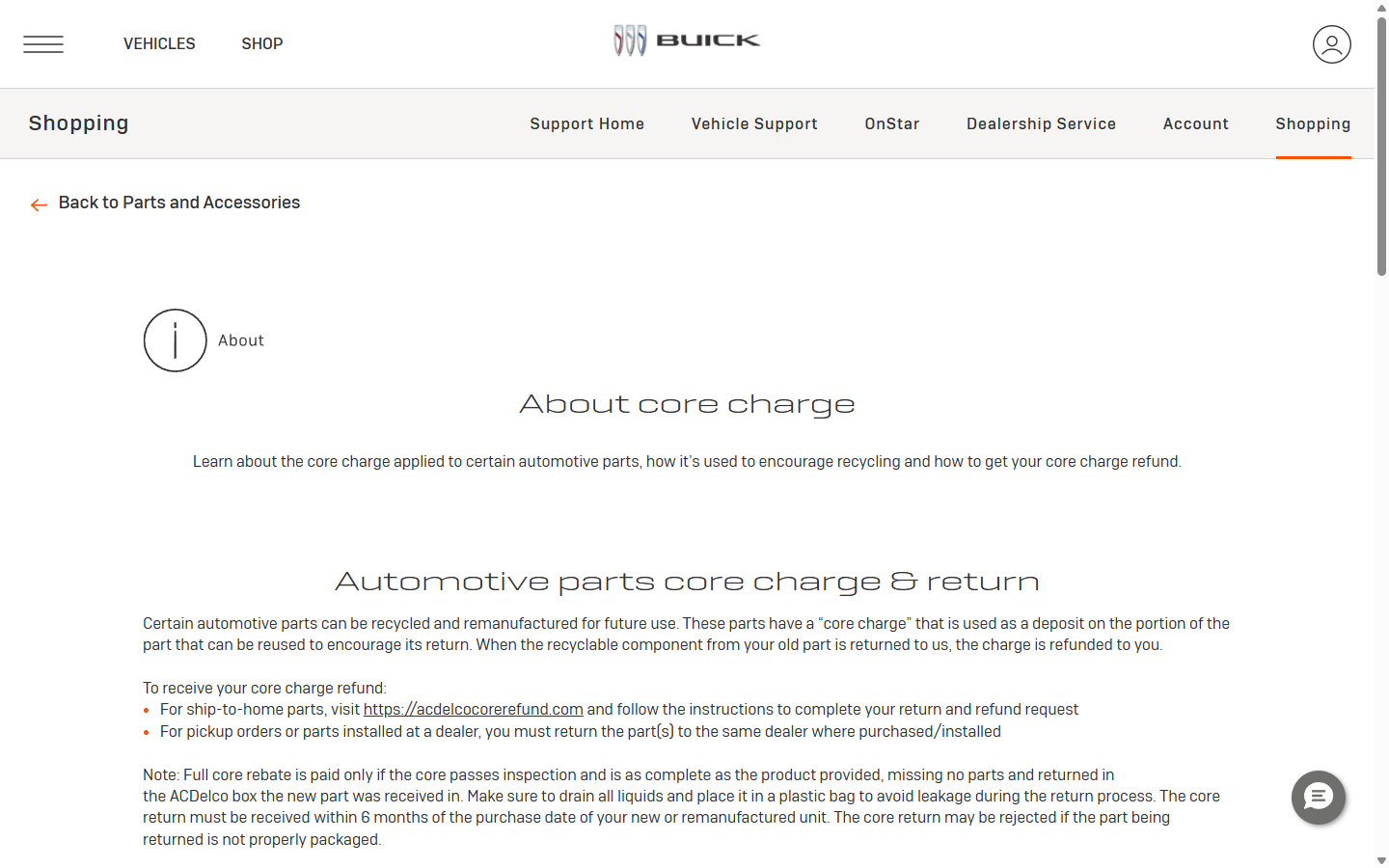 Buick US — Core charge · support · AEM