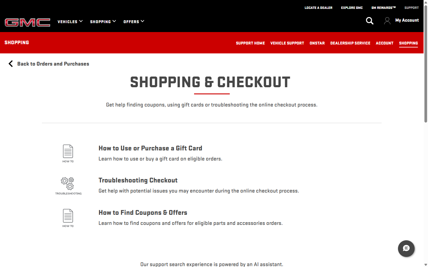 GMC US — Shopping & checkout · support hub · AEM